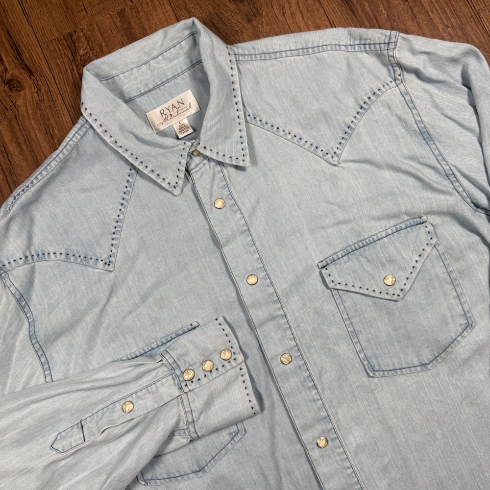 Ryan Michael Pearl Snap Western Shirt Mens L Blue Whipstitch Cowboy Chambray LS